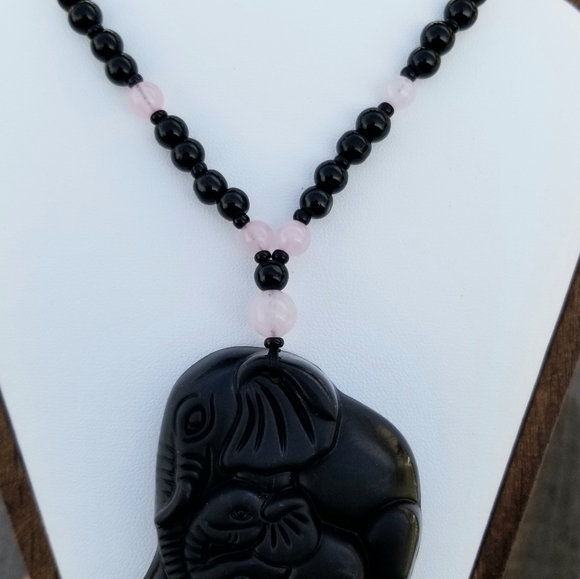Large Black Obsidian Elephant Necklace Mom Baby Elephants Jewelry - Picture 5 of 7